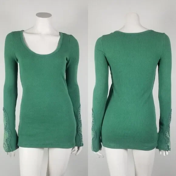 Free People Rare Crafty Cuff Green and Blush Thermal Top Bundle (2) Size Medium - Picture 3 of 13